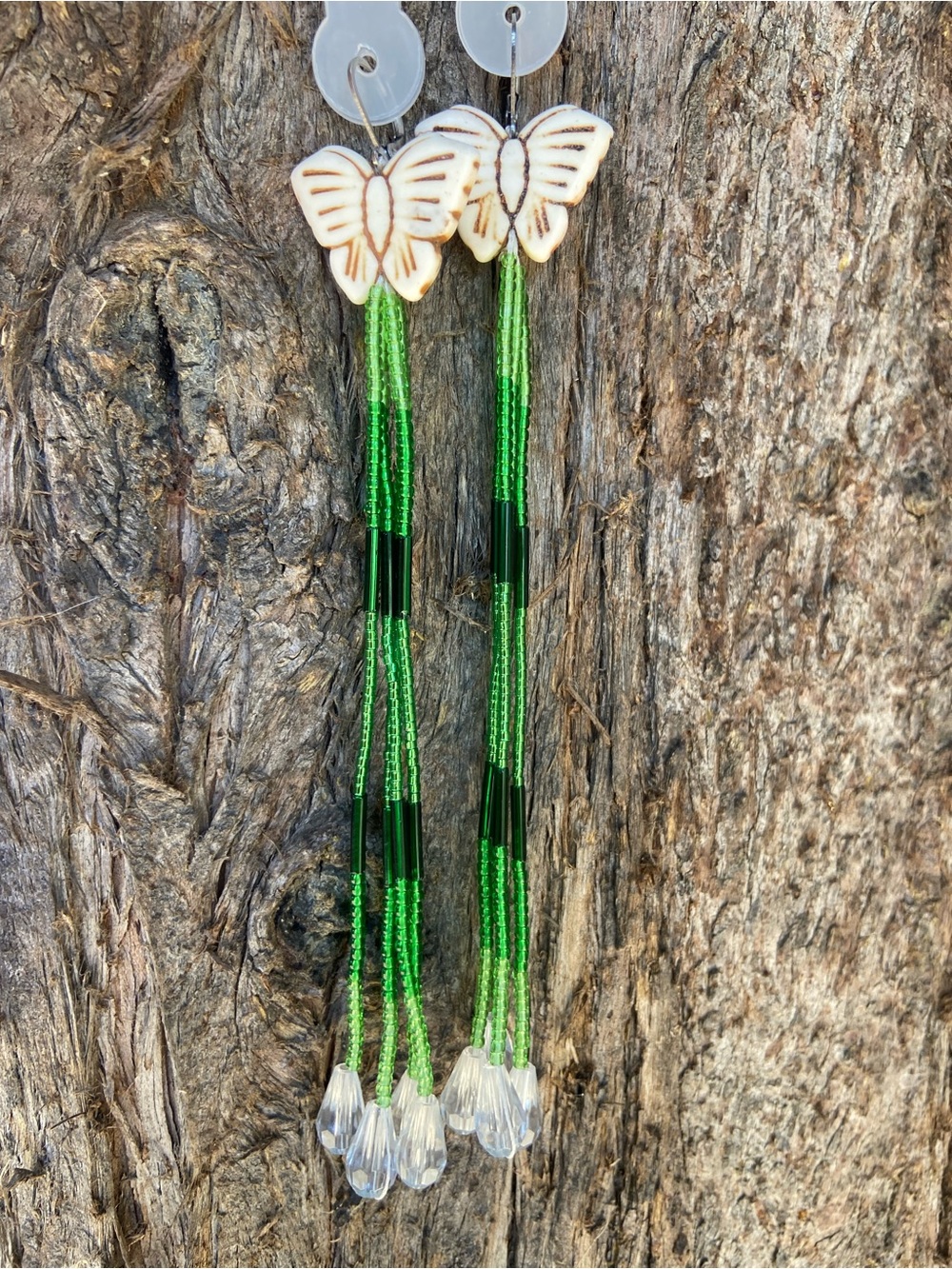 Butterfly Beaded Fringe Earrings in Green and Clear